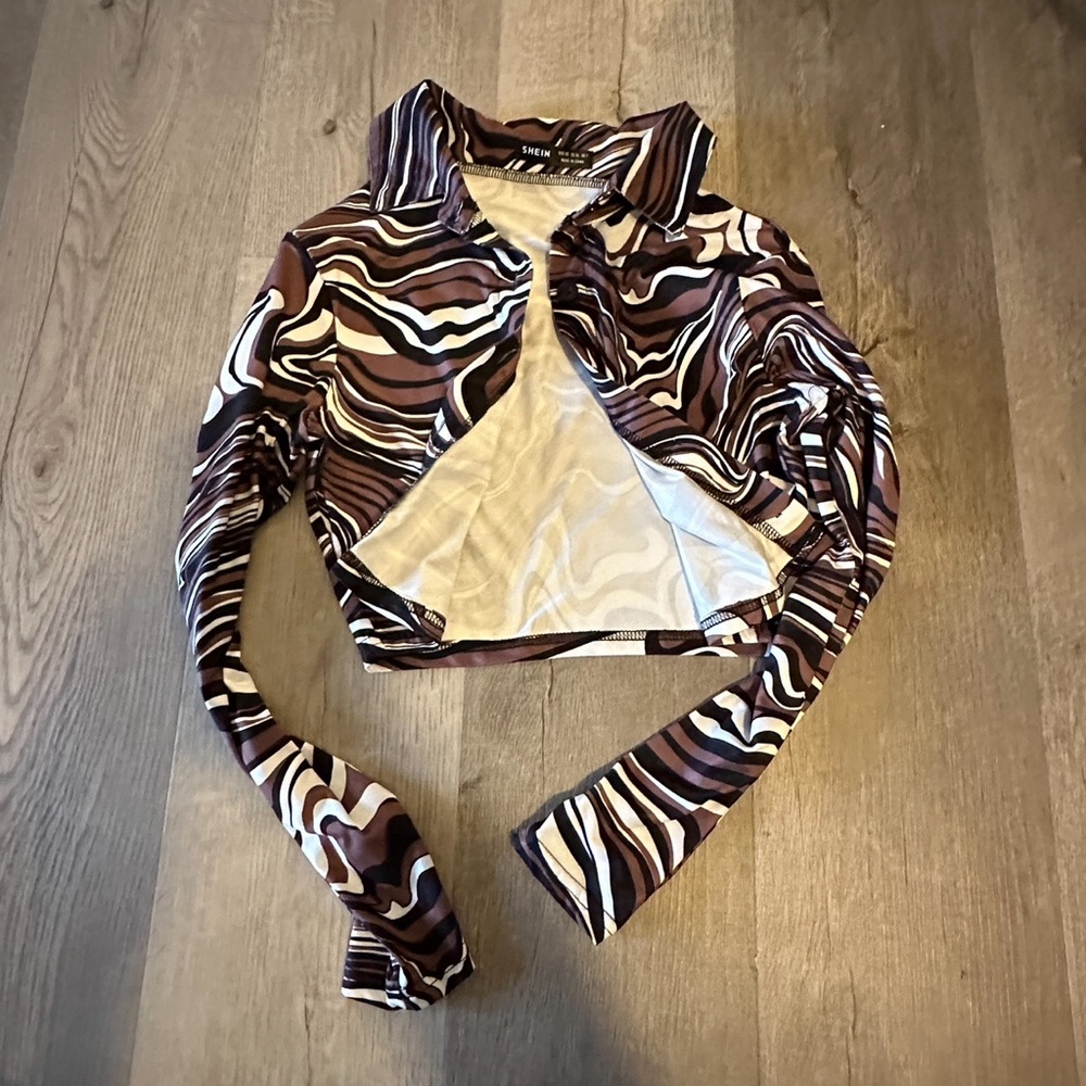 Shein brown swirl button up.